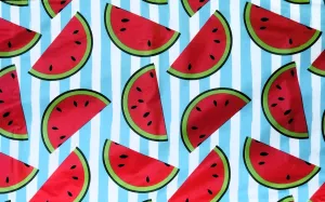 Summer Fun Vinyl Flannel Back Tablecloth - Whimsical Watermelon Slices on Blue and White Stripes (60" Round)