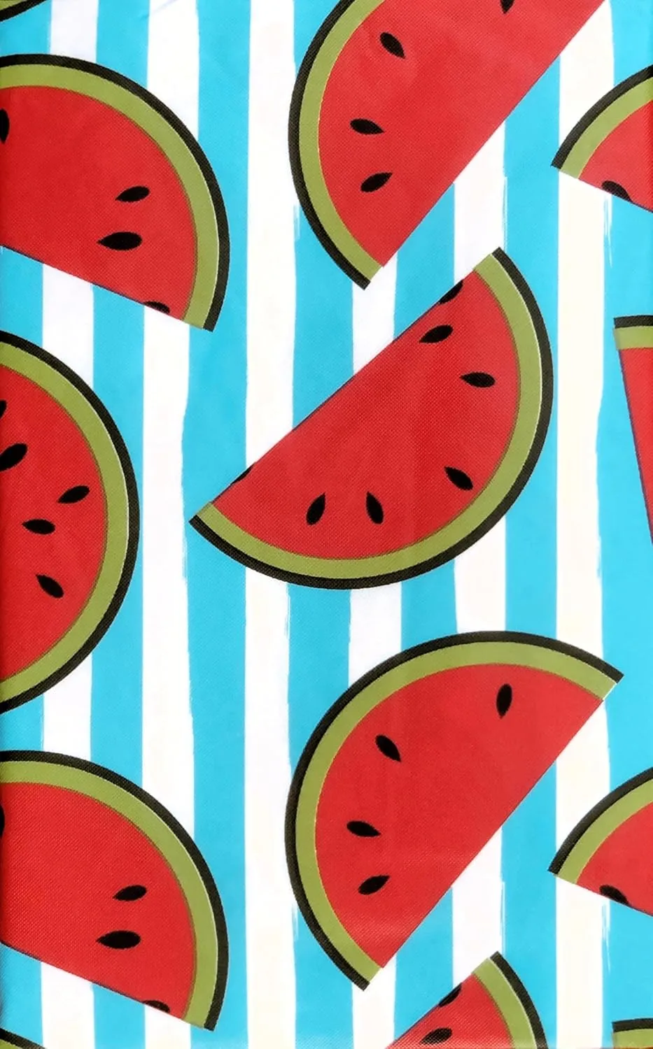 Summer Fun Vinyl Flannel Back Tablecloth - Whimsical Watermelon Slices on Blue and White Stripes (60" Round)