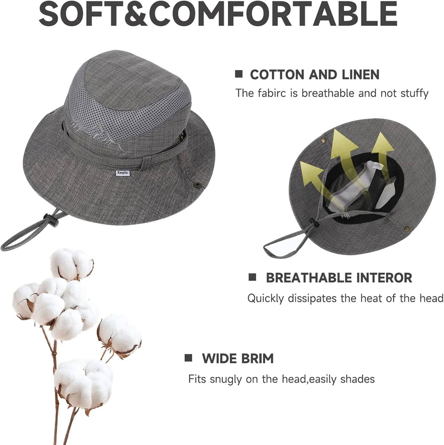 Sun Hat for Men, Cotton Embroidery Summer Outdoor Sun Protection Wide Brim Bucket Hat Foldable Safari Boonie Hat