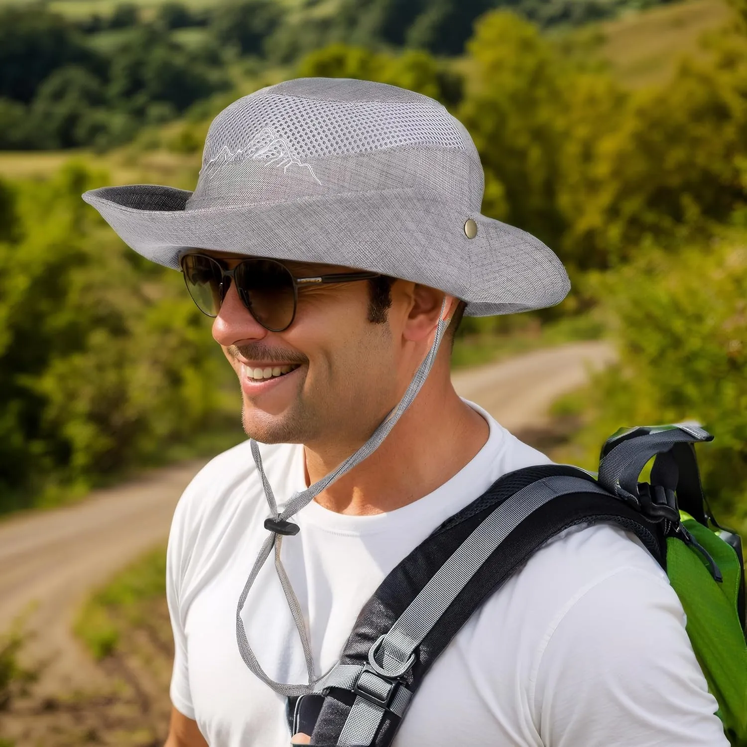 Sun Hat for Men, Cotton Embroidery Summer Outdoor Sun Protection Wide Brim Bucket Hat Foldable Safari Boonie Hat