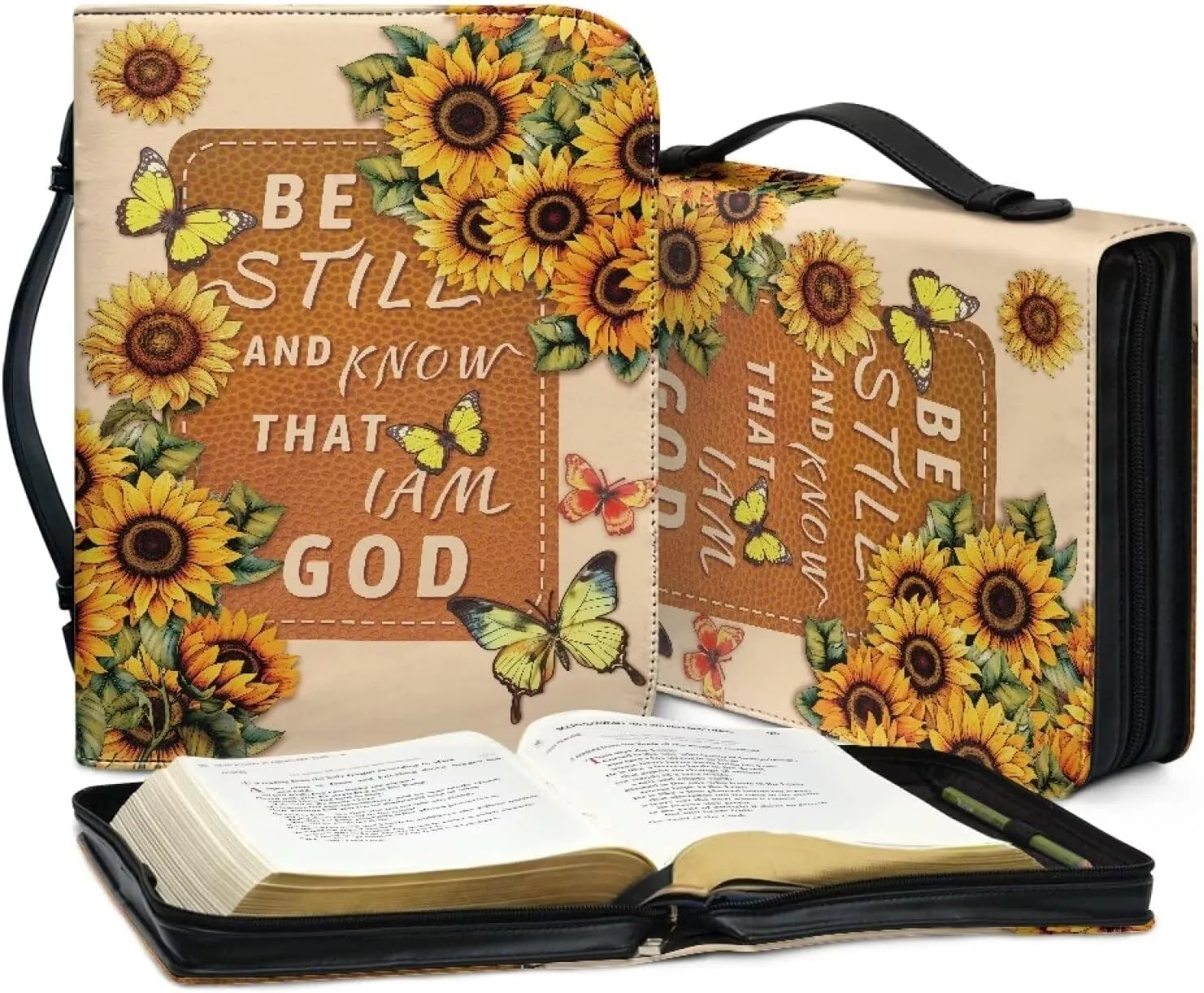 Sunflower Butterfly Bible Tote Bag, Hibiscus Floral Reusaable Kids Church Bag Bible Accessories, Zippered Bible Cover Purse with Handles for Study/Daily Home Outdoor