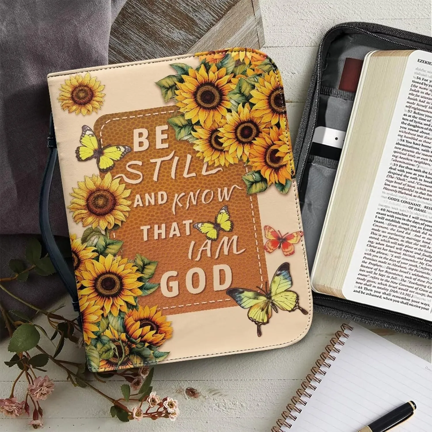 Sunflower Butterfly Bible Tote Bag, Hibiscus Floral Reusaable Kids Church Bag Bible Accessories, Zippered Bible Cover Purse with Handles for Study/Daily Home Outdoor