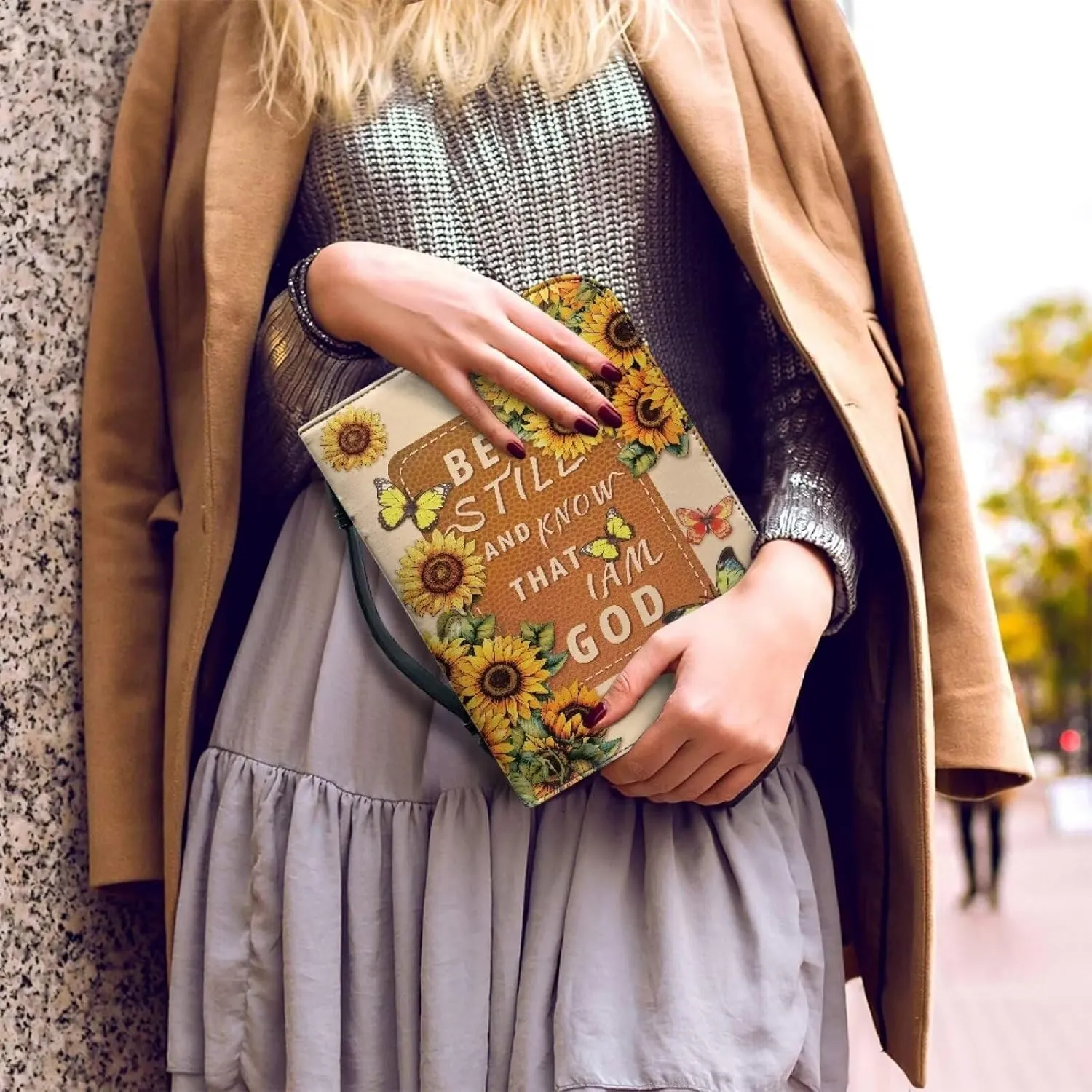 Sunflower Butterfly Bible Tote Bag, Hibiscus Floral Reusaable Kids Church Bag Bible Accessories, Zippered Bible Cover Purse with Handles for Study/Daily Home Outdoor