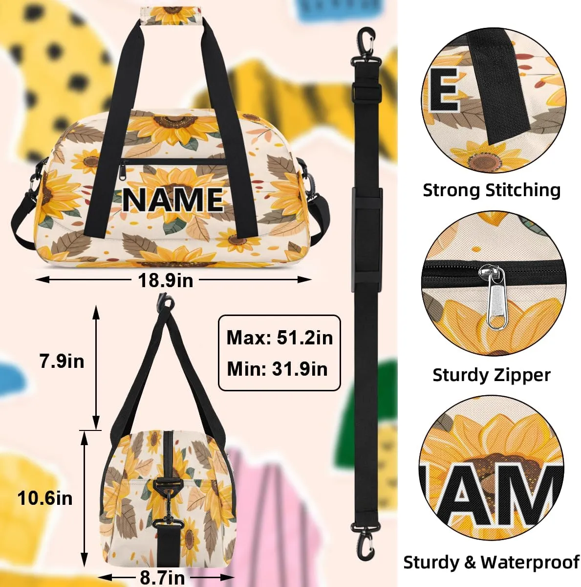 Sunflower Mini Gym Bag 18 inch for Women Men Waterproof Custom Flowers Travel Duffel Bag Carry On Overnight Tote Nurse Bag for Work Fitness Hiking
