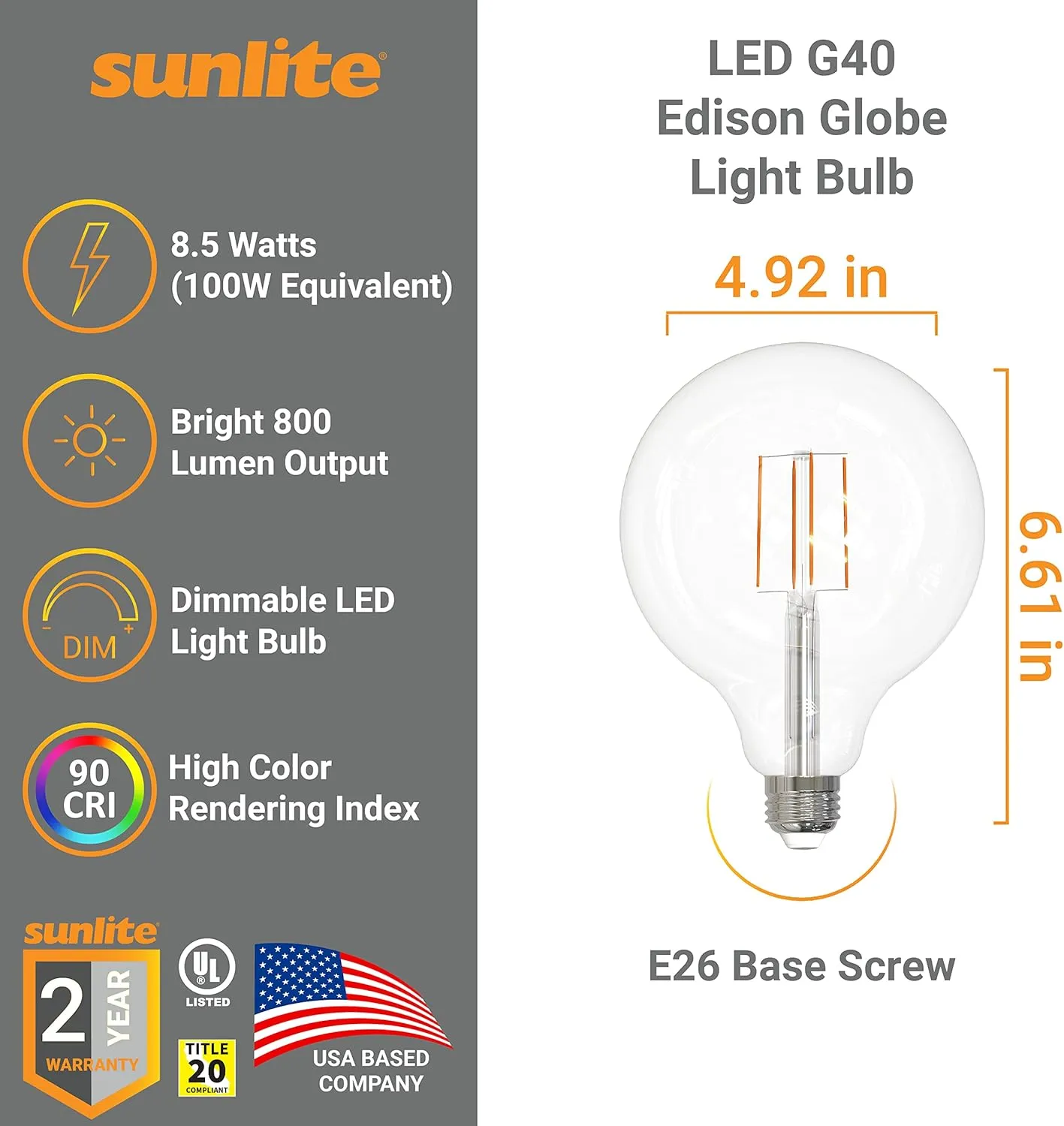 Sunlite 41698 LED G40 Edison Globe Light Bulb, 8.5 Watts (100W Equivalent), Standard E26 Base, 800 Lumens, Dimmable, Decorative Clear Glass, Antique Long Filament, 90 CRI, 2700K Warm White, 4 Count