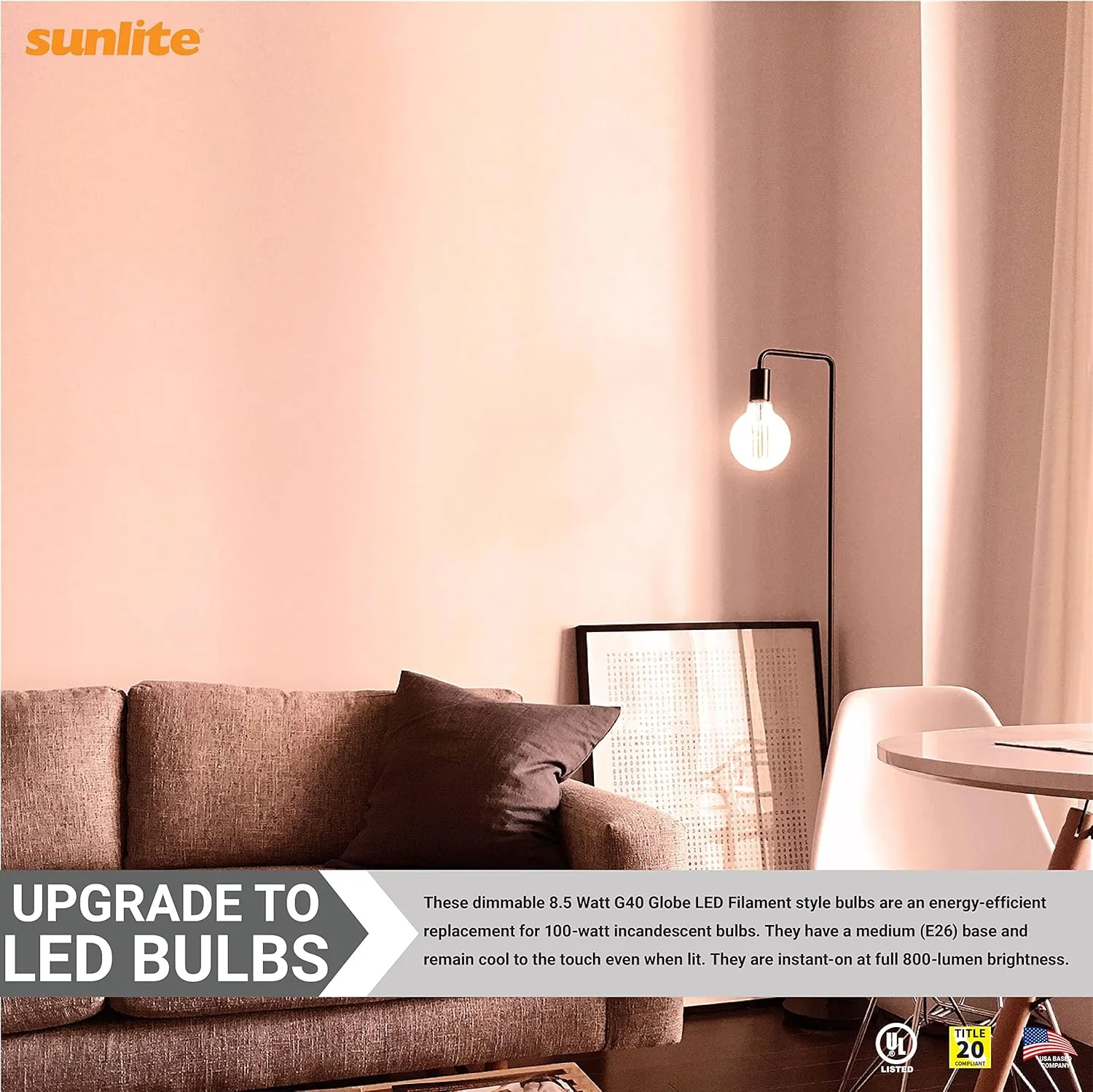Sunlite 41698 LED G40 Edison Globe Light Bulb, 8.5 Watts (100W Equivalent), Standard E26 Base, 800 Lumens, Dimmable, Decorative Clear Glass, Antique Long Filament, 90 CRI, 2700K Warm White, 4 Count