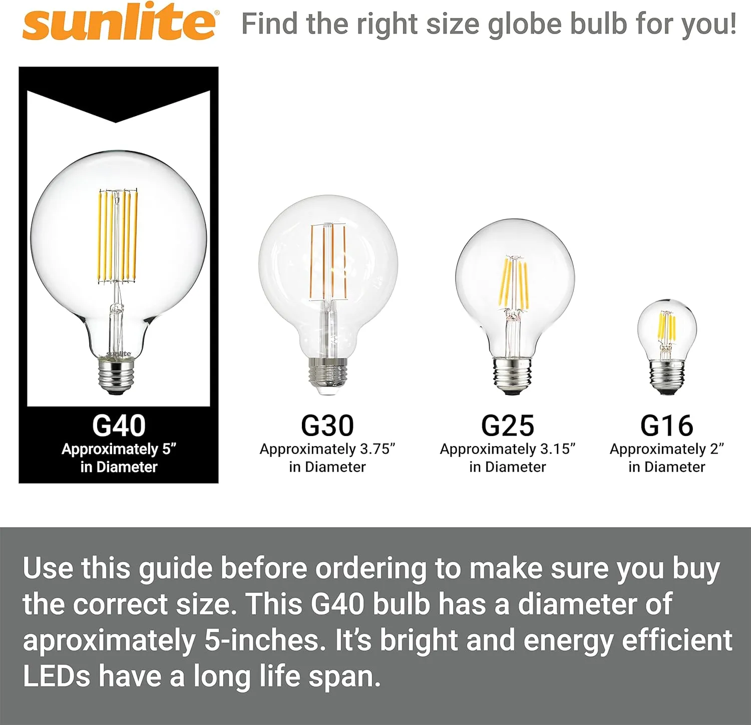 Sunlite 41698 LED G40 Edison Globe Light Bulb, 8.5 Watts (100W Equivalent), Standard E26 Base, 800 Lumens, Dimmable, Decorative Clear Glass, Antique Long Filament, 90 CRI, 2700K Warm White, 4 Count