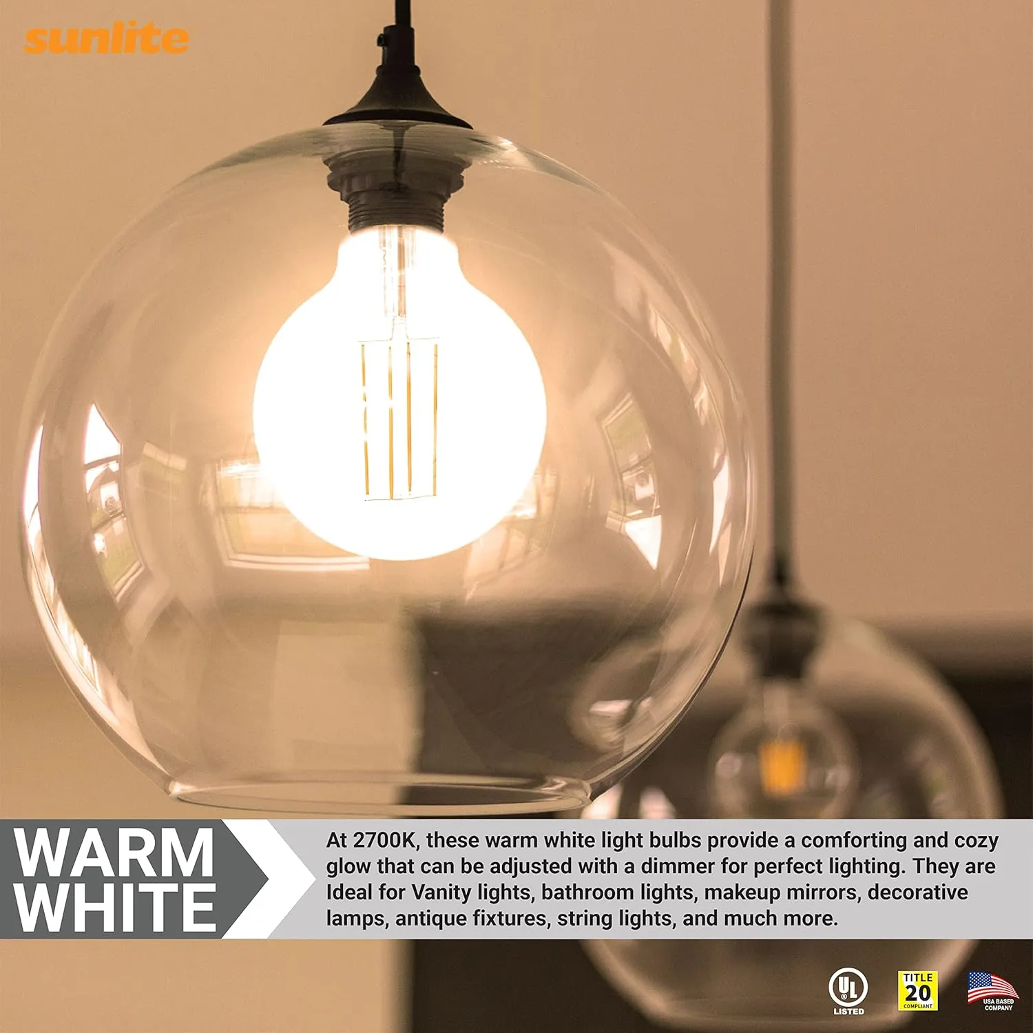 Sunlite 41698 LED G40 Edison Globe Light Bulb, 8.5 Watts (100W Equivalent), Standard E26 Base, 800 Lumens, Dimmable, Decorative Clear Glass, Antique Long Filament, 90 CRI, 2700K Warm White, 4 Count
