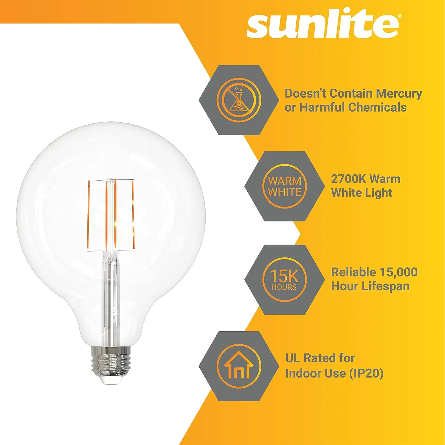 Sunlite 41698 LED G40 Edison Globe Light Bulb, 8.5 Watts (100W Equivalent), Standard E26 Base, 800 Lumens, Dimmable, Decorative Clear Glass, Antique Long Filament, 90 CRI, 2700K Warm White, 4 Count
