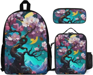 Supdreamc Camping Outdoors Running Backpack Sets Daypack 3 Piece Multipurpose Backpack Lunch Bag Pencil Case Big Capacity Bookbag, Almond Blossom Floral Art