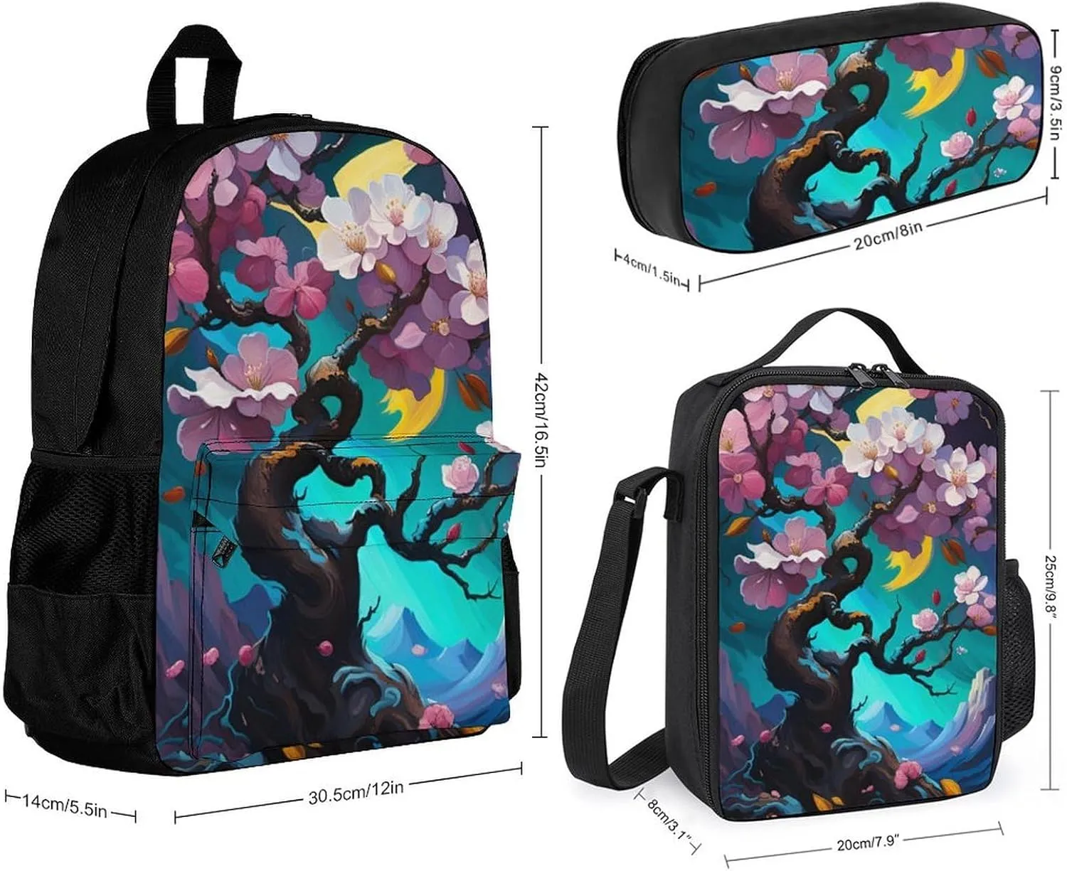 Supdreamc Camping Outdoors Running Backpack Sets Daypack 3 Piece Multipurpose Backpack Lunch Bag Pencil Case Big Capacity Bookbag, Almond Blossom Floral Art