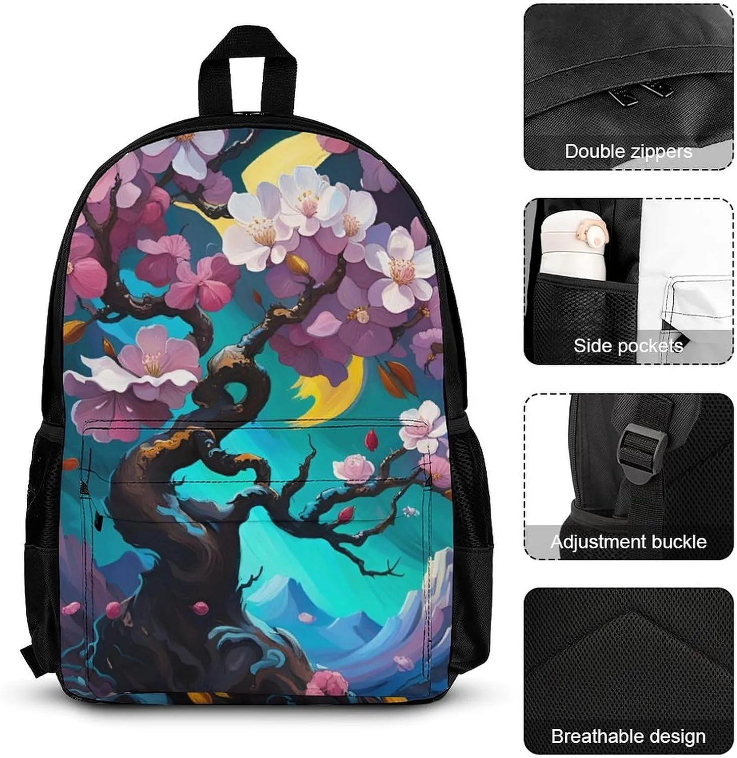 Supdreamc Camping Outdoors Running Backpack Sets Daypack 3 Piece Multipurpose Backpack Lunch Bag Pencil Case Big Capacity Bookbag, Almond Blossom Floral Art