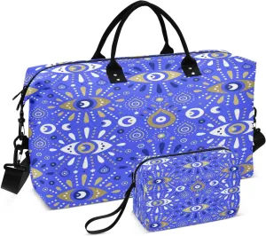 susiyo Blue Turkish Evil Eye Expandable Travel Duffle Bag, Large Weekender Overnight Bags and Adjustable Strap, Carry On Shoulder Tote Bag, Gym Duffel Bag with Toiletry Bags for Hospital