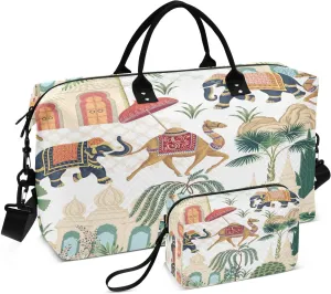 susiyo Elephant Peacock Camel A Expandable Travel Duffle Bag, Large Weekender Overnight Bags and Adjustable Strap, Carry On Shoulder Tote Bag, Gym Duffel Bag with Toiletry Bags for Hospital