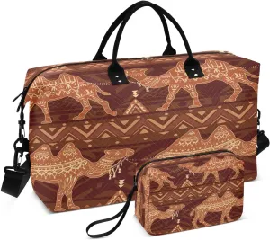 susiyo Ethnic Motifs Camels Expandable Travel Duffle Bag, Large Weekender Overnight Bags and Adjustable Strap, Carry On Shoulder Tote Bag, Gym Duffel Bag with Toiletry Bags for Hospital