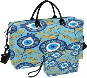 susiyo Turkish Nazar Symbol Blue Expandable Travel Duffle Bag, Large Weekender Overnight Bags and Adjustable Strap, Carry On Shoulder Tote Bag, Gym Duffel Bag with Toiletry Bags for Hospital