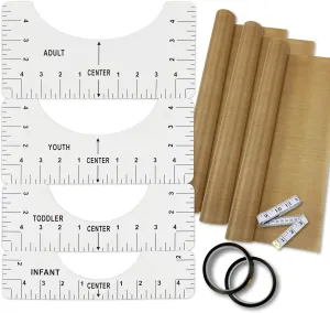 T-Shirt Alignment Ruler Heat Resistant Tape 10mm X 33m 108ft, PTFE Teflon Transfer Sheet 16 x 20" - 4 Rulers, 2 Rolls Heat Resistant Tape, 3 Packs PTFE Teflon Sheet and 1 Tape Measure Included