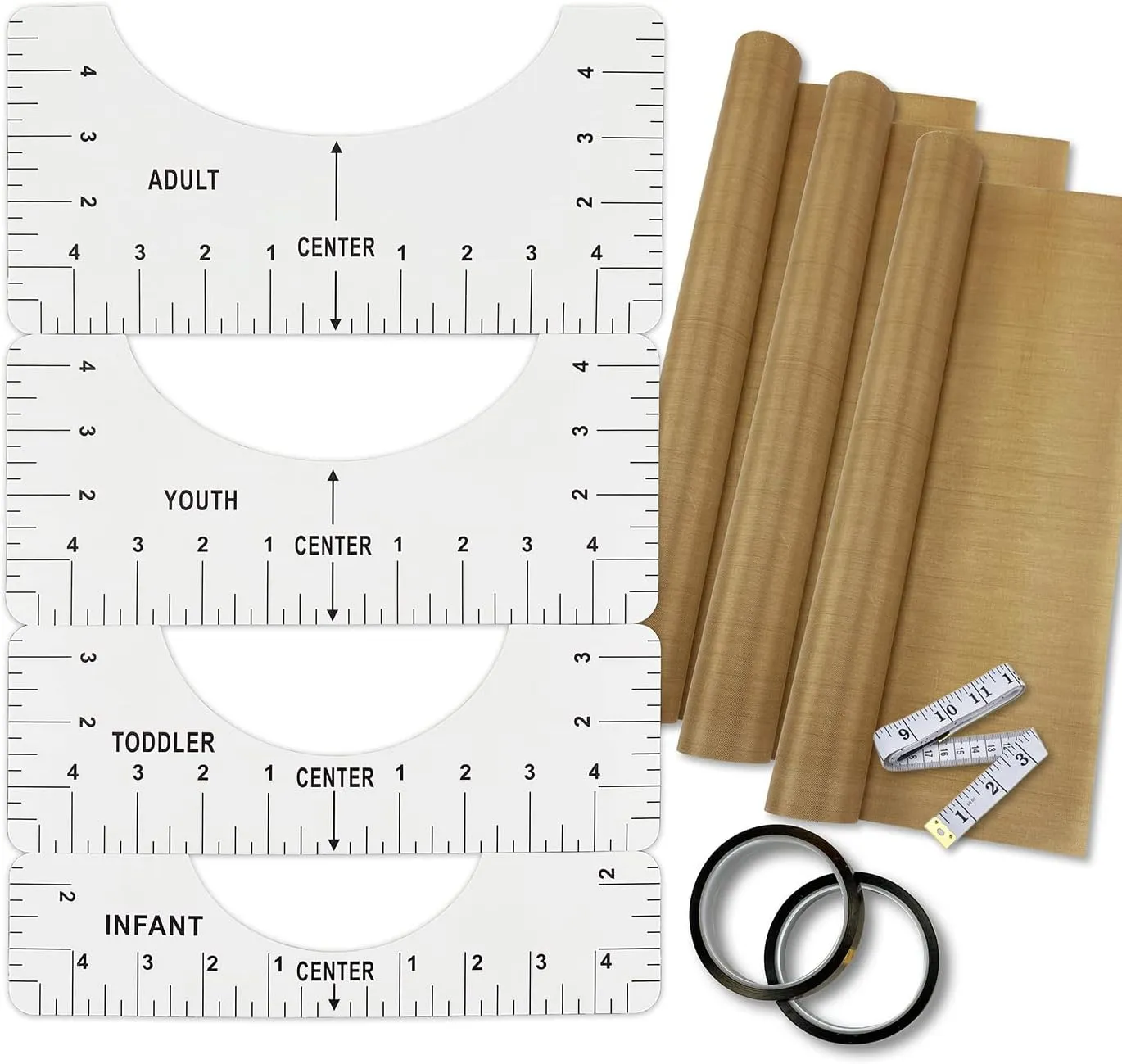 T-Shirt Alignment Ruler Heat Resistant Tape 10mm X 33m 108ft, PTFE Teflon Transfer Sheet 16 x 20" - 4 Rulers, 2 Rolls Heat Resistant Tape, 3 Packs PTFE Teflon Sheet and 1 Tape Measure Included
