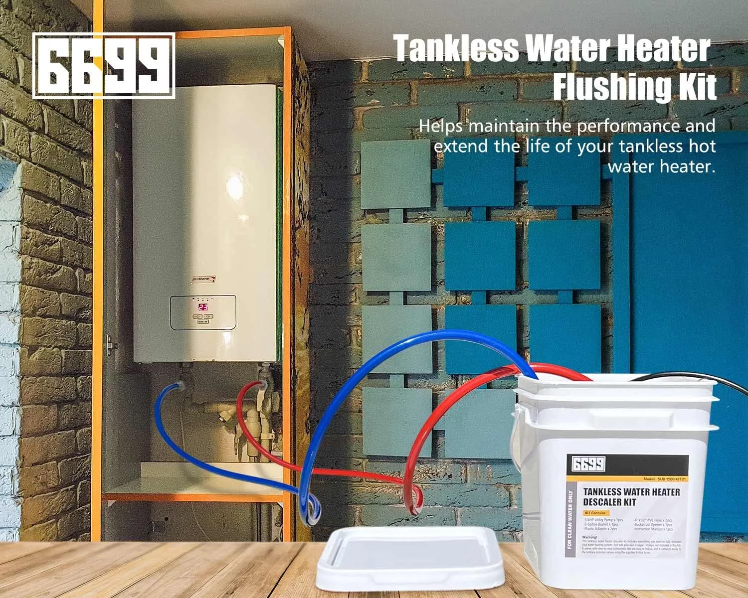 Tankless Water Heater Flushing Kit Includes 1/6HP Submersible Sump Pump with Two Adapters & 3 Gallons Pail with Bucket Lid Opener & Two 1/2” Dia X 6’ PVC Hoses with Washers