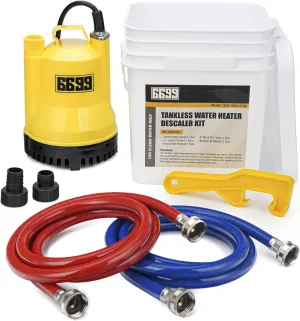 Tankless Water Heater Flushing Kit Includes 1/6HP Submersible Sump Pump with Two Adapters & 3 Gallons Pail with Bucket Lid Opener & Two 1/2” Dia X 6’ PVC Hoses with Washers