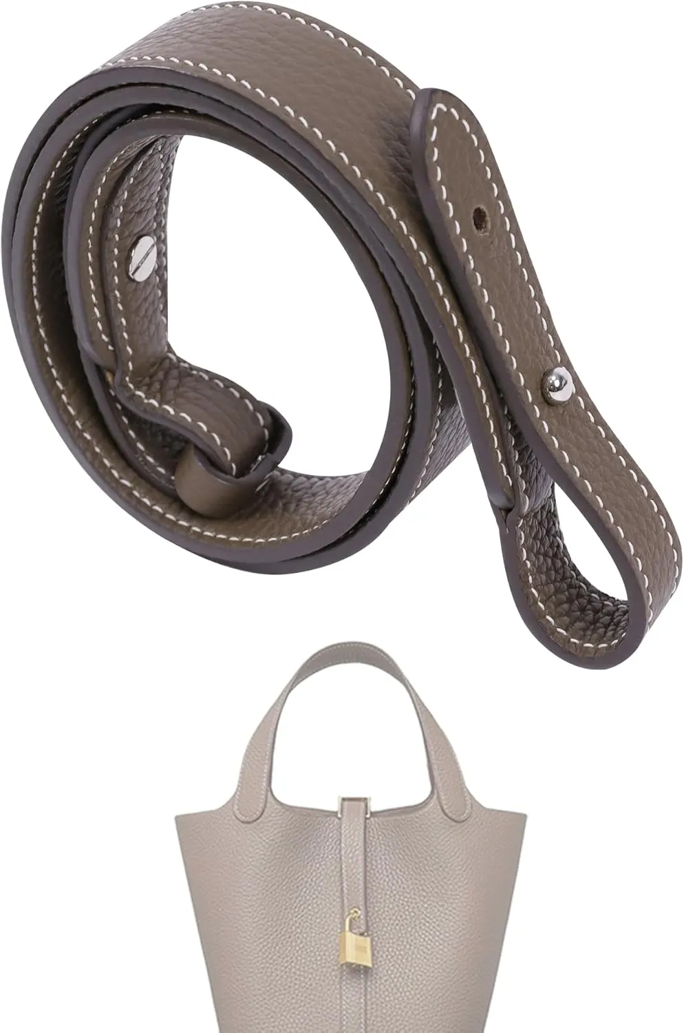 TC Leather Strap for Hermes Picotin/Lindy/Evelyne Bag, Multi Length Handmade Cowhide Crossbody Purse Strap for Handbag【19.7inch Long, 1.5inch Wide, Etoupe Grey (Silver Studs)】