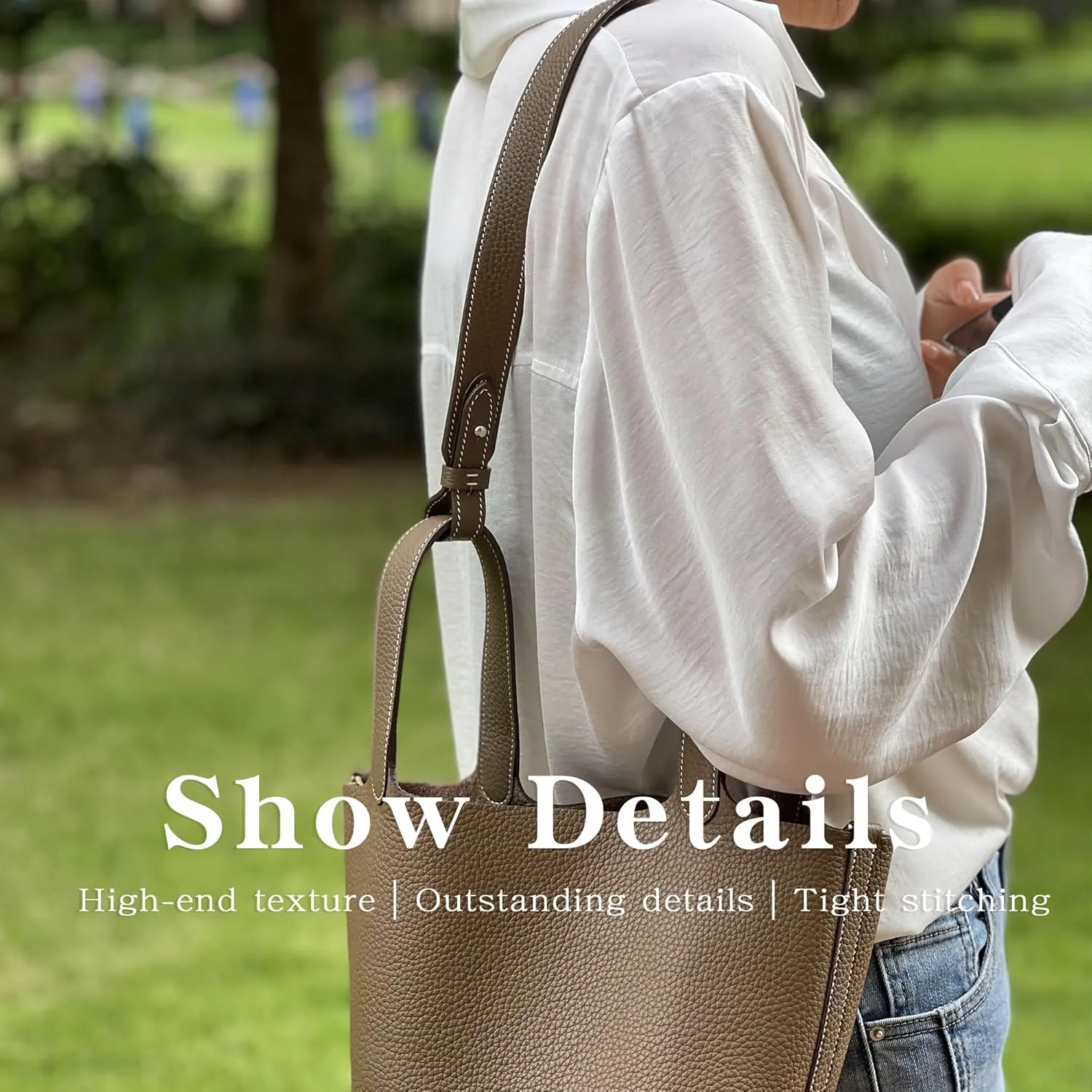 TC Leather Strap for Hermes Picotin/Lindy/Evelyne Bag, Multi Length Handmade Cowhide Crossbody Purse Strap for Handbag【19.7inch Long, 1.5inch Wide, Etoupe Grey (Silver Studs)】