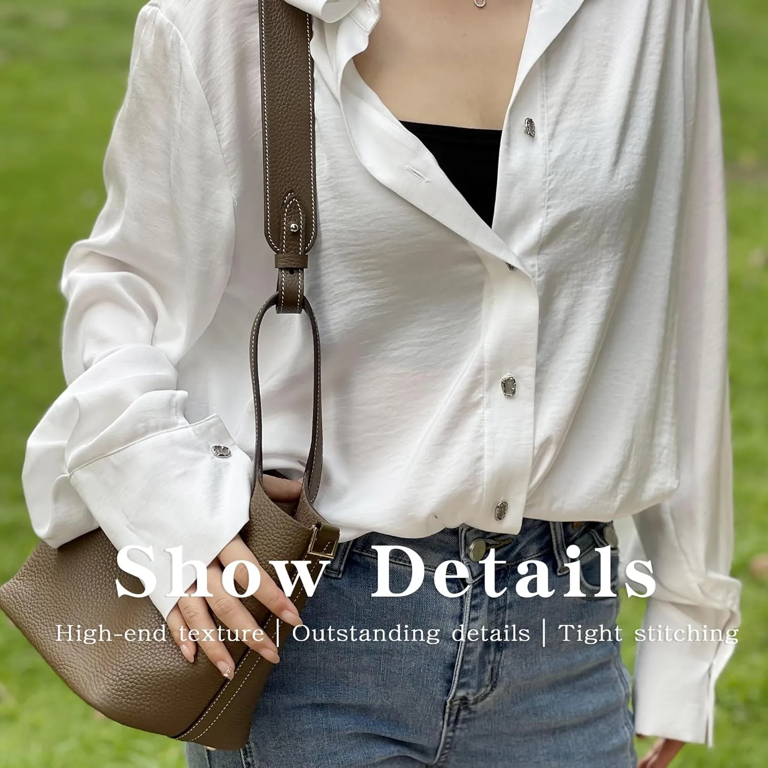 TC Leather Strap for Hermes Picotin/Lindy/Evelyne Bag, Multi Length Handmade Cowhide Crossbody Purse Strap for Handbag【19.7inch Long, 1.5inch Wide, Etoupe Grey (Silver Studs)】