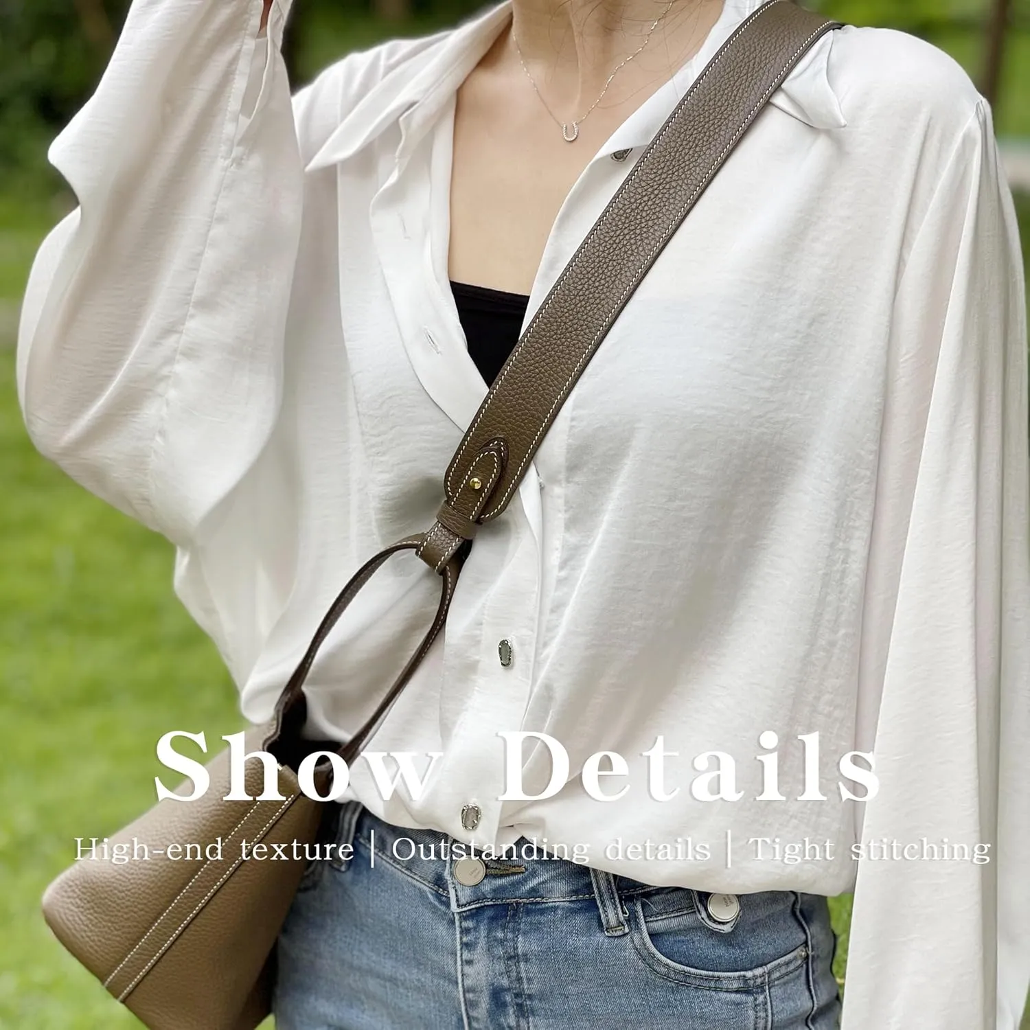 TC Leather Strap for Hermes Picotin/Lindy/Evelyne bag, Multi length Handmade Cowhide Crossbody Purse Strap for Handbag【39.4inch long, 1.5inch wide, Etoupe Grey (Gold Studs)】
