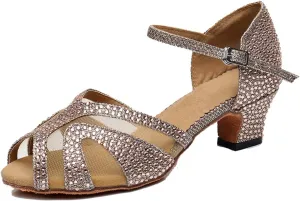 TDA Women's Mid Heels Glitter Crystals Synthetic Mesh Salsa Tango Samba Rumba Modern Latin Dance Shoes