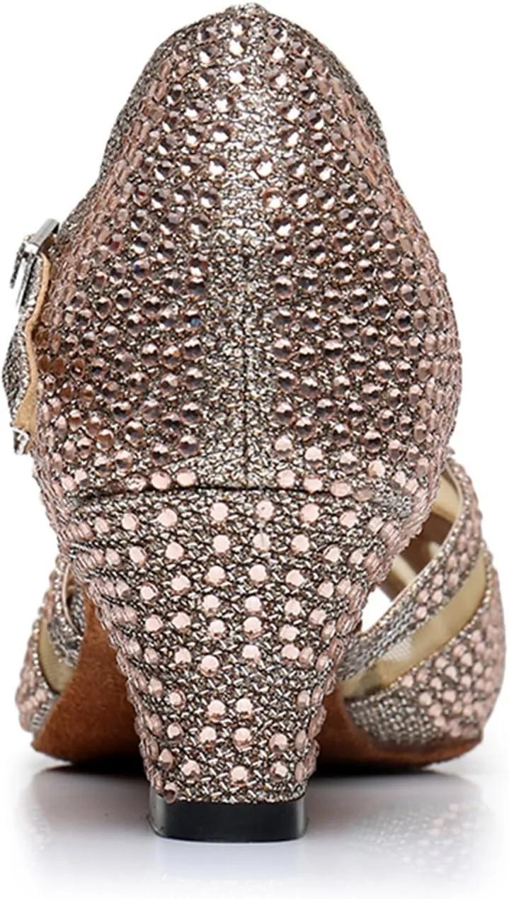 TDA Women's Mid Heels Glitter Crystals Synthetic Mesh Salsa Tango Samba Rumba Modern Latin Dance Shoes