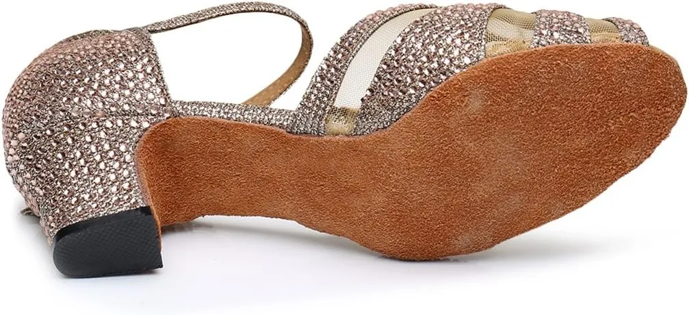 TDA Women's Mid Heels Glitter Crystals Synthetic Mesh Salsa Tango Samba Rumba Modern Latin Dance Shoes