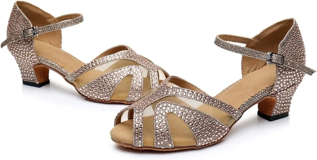 TDA Women's Mid Heels Glitter Crystals Synthetic Mesh Salsa Tango Samba Rumba Modern Latin Dance Shoes