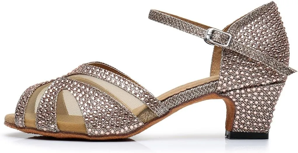 TDA Women's Mid Heels Glitter Crystals Synthetic Mesh Salsa Tango Samba Rumba Modern Latin Dance Shoes