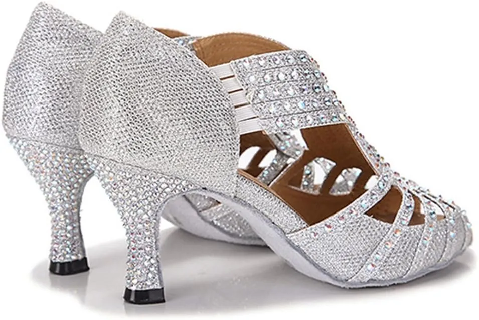 TDA Womens Zipper & Slip-on Flared Heel Glitter Crystals Latin Modern Salsa Tango Ballroom Wedding Dance Shoes