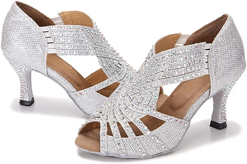 TDA Womens Zipper & Slip-on Flared Heel Glitter Crystals Latin Modern Salsa Tango Ballroom Wedding Dance Shoes
