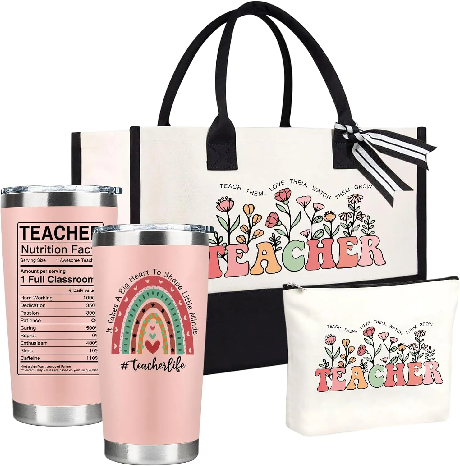 Teacher Appreciation Gifts Set - Includes Tote Bag, Tumbler, Makeup Bag - End of Year Gifts for Teachers, Christmas, Thanksgiving, Retirement Gifts for Women