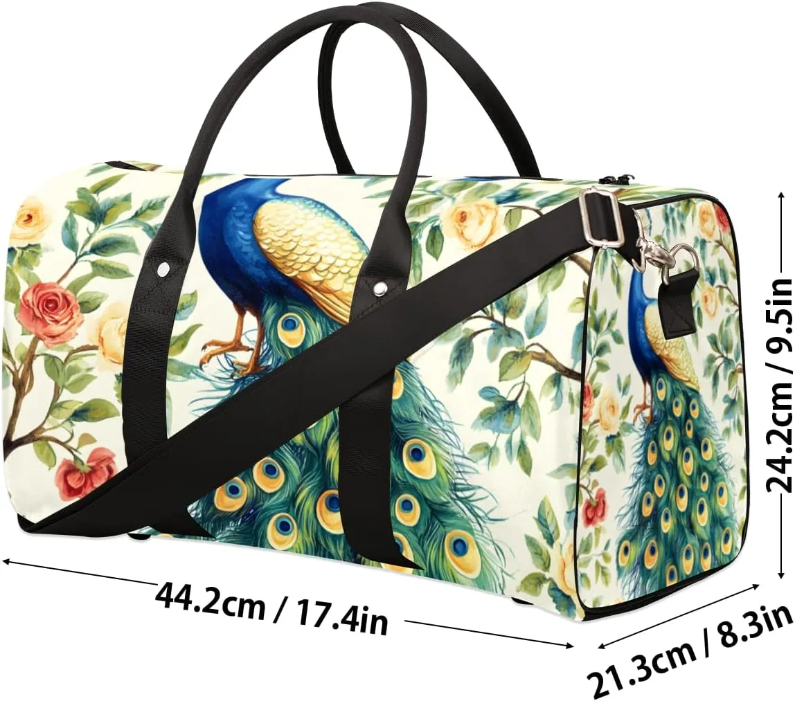 Teal Peacock Travel Duffle Bag for Women Men Gym Duffel Foldable Bag Waterproof Weekender Flowers Birds Duffle Tote