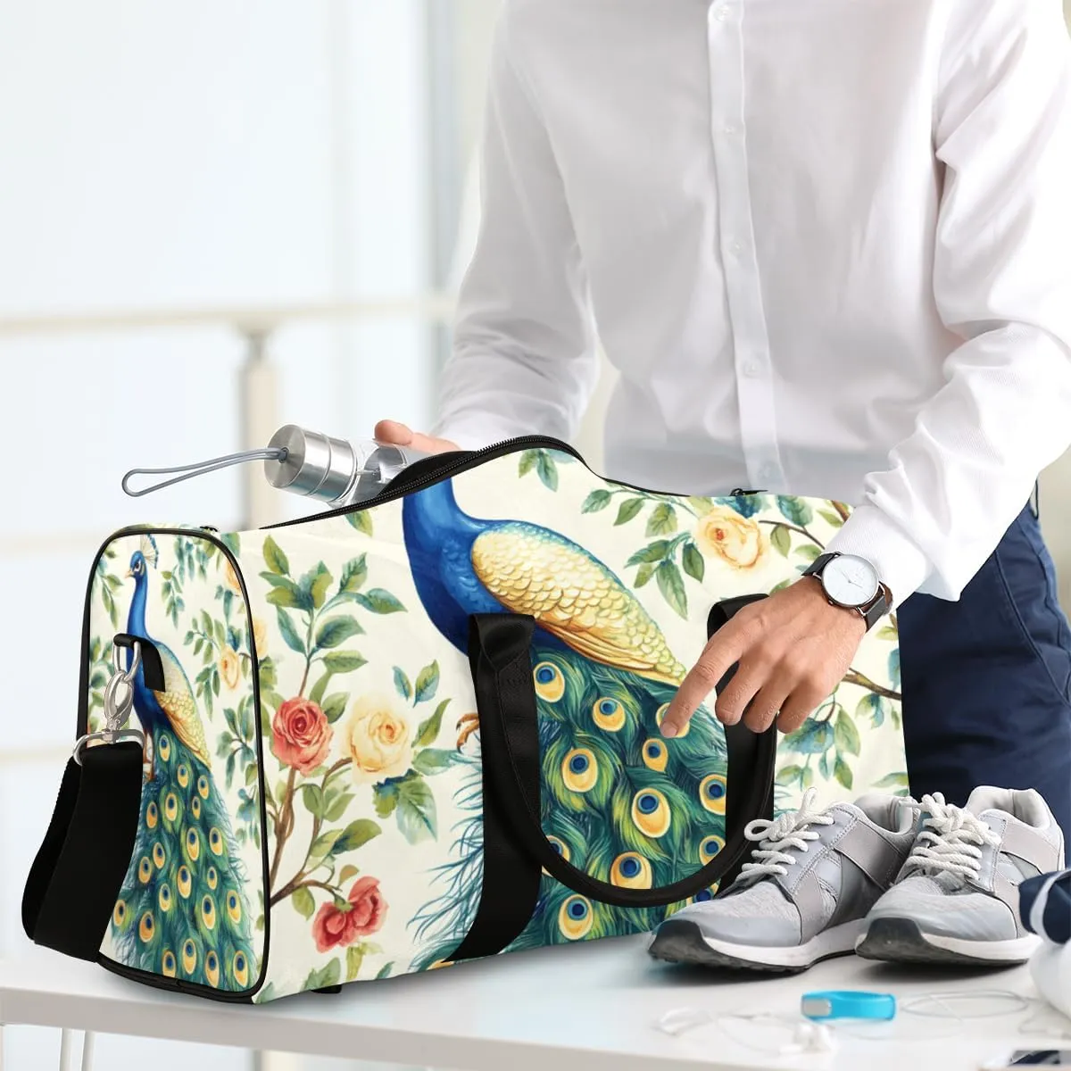 Teal Peacock Travel Duffle Bag for Women Men Gym Duffel Foldable Bag Waterproof Weekender Flowers Birds Duffle Tote