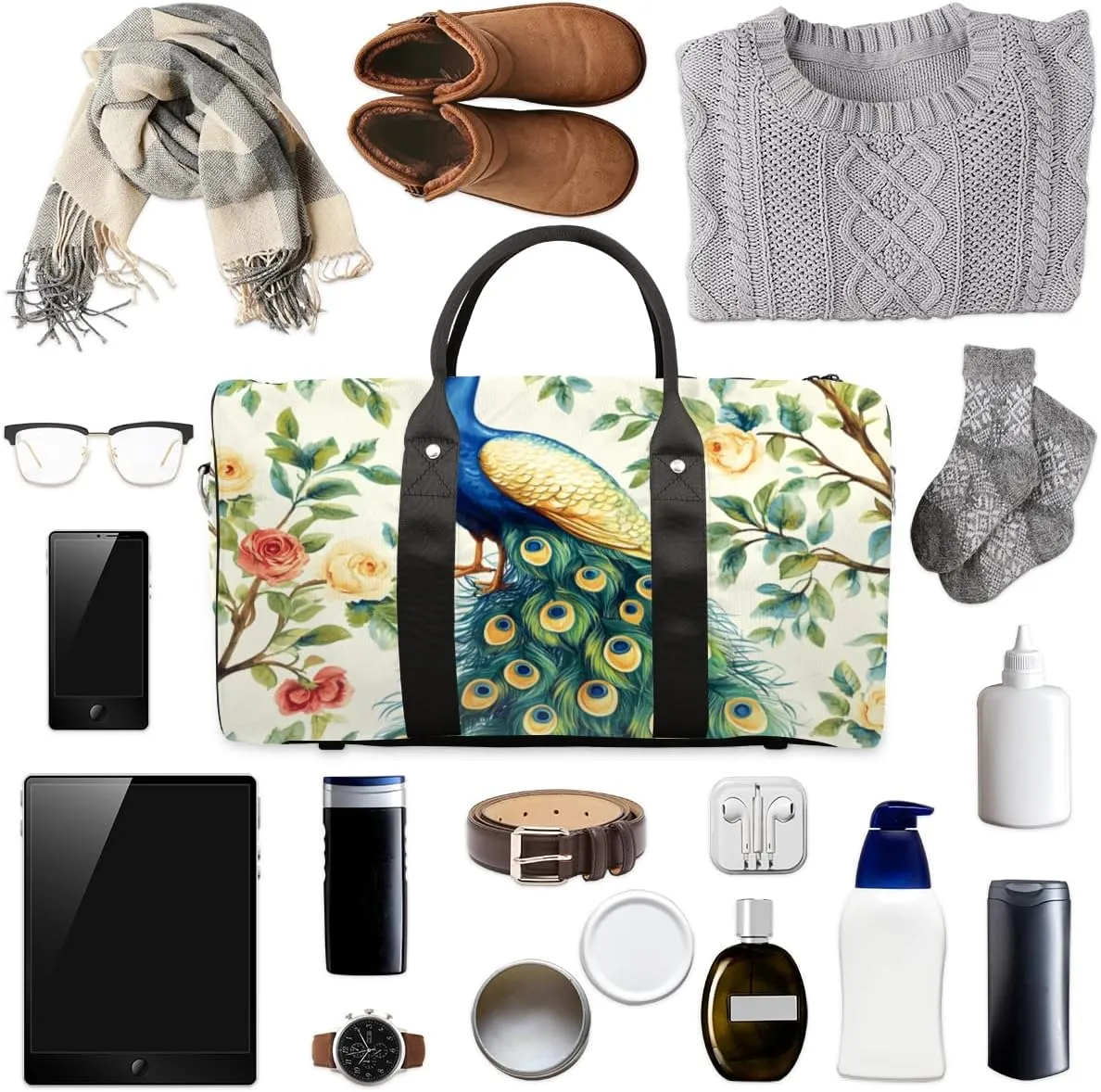Teal Peacock Travel Duffle Bag for Women Men Gym Duffel Foldable Bag Waterproof Weekender Flowers Birds Duffle Tote