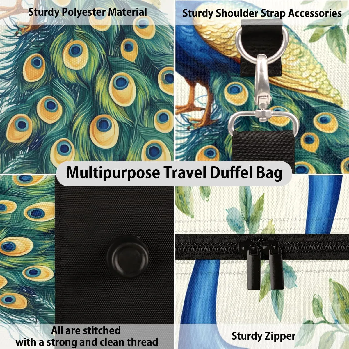 Teal Peacock Travel Duffle Bag for Women Men Gym Duffel Foldable Bag Waterproof Weekender Flowers Birds Duffle Tote