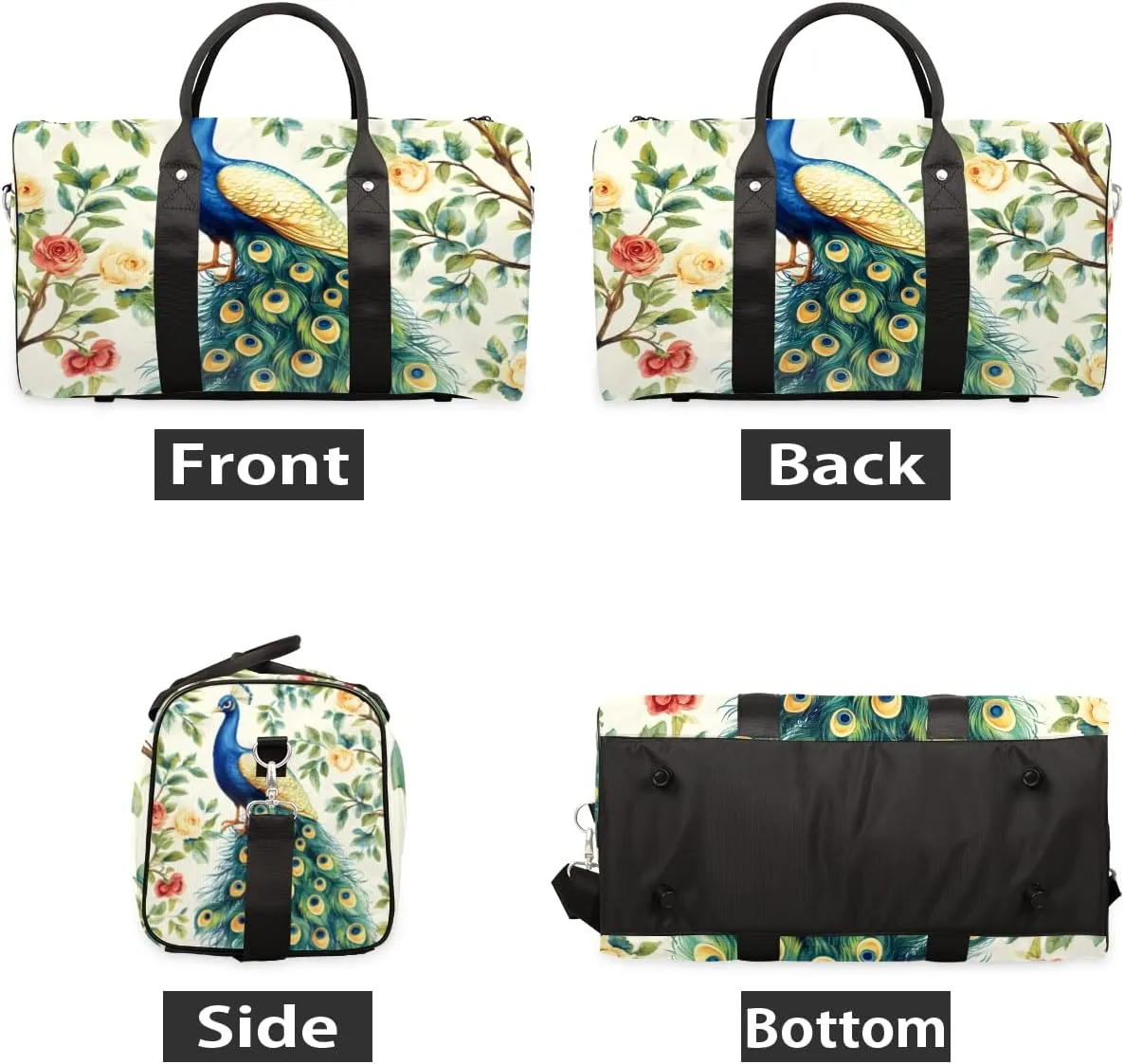 Teal Peacock Travel Duffle Bag for Women Men Gym Duffel Foldable Bag Waterproof Weekender Flowers Birds Duffle Tote
