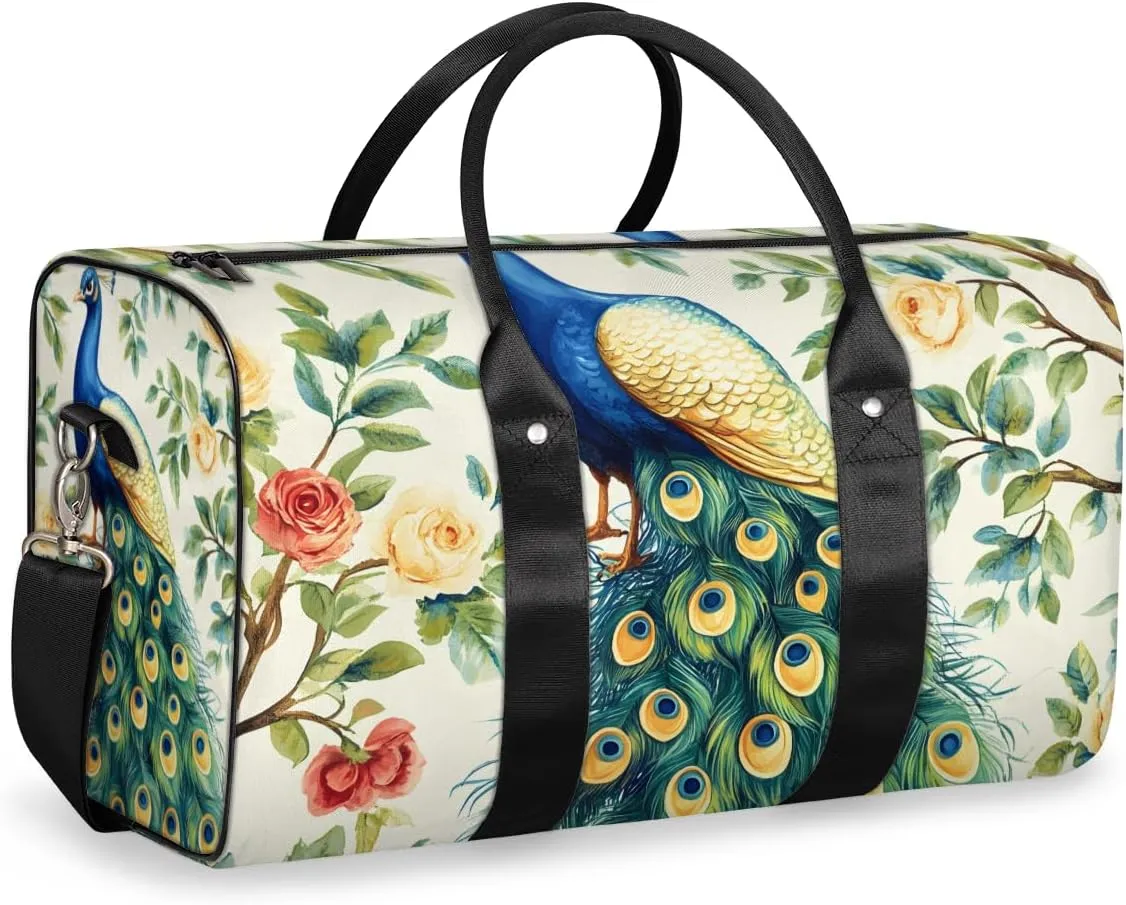 Teal Peacock Travel Duffle Bag for Women Men Gym Duffel Foldable Bag Waterproof Weekender Flowers Birds Duffle Tote