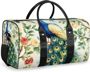 Teal Peacock Travel Duffle Bag for Women Men Gym Duffel Foldable Bag Waterproof Weekender Flowers Birds Duffle Tote
