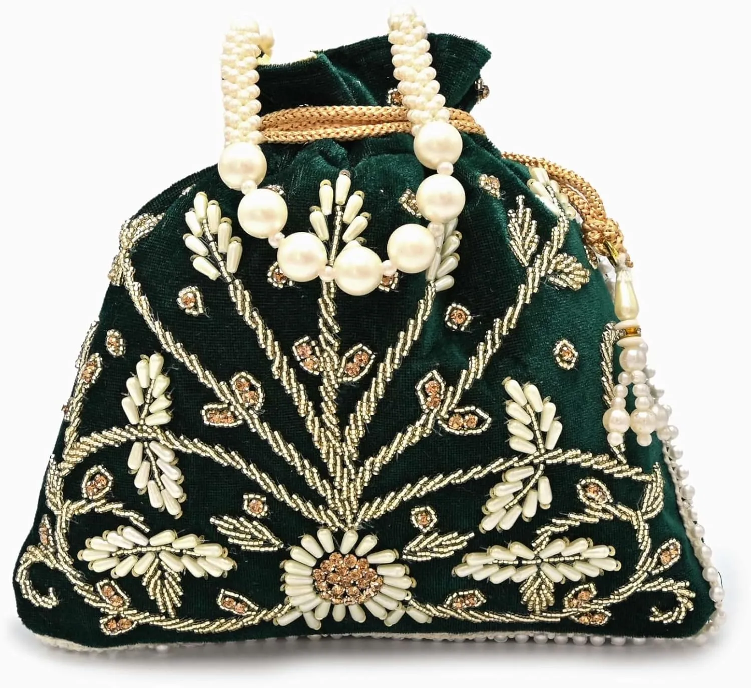 Teal Velvet Floral Embroidered Potli Bag | Pearl Handle Traditional Ethnic