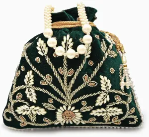 Teal Velvet Floral Embroidered Potli Bag | Pearl Handle Traditional Ethnic