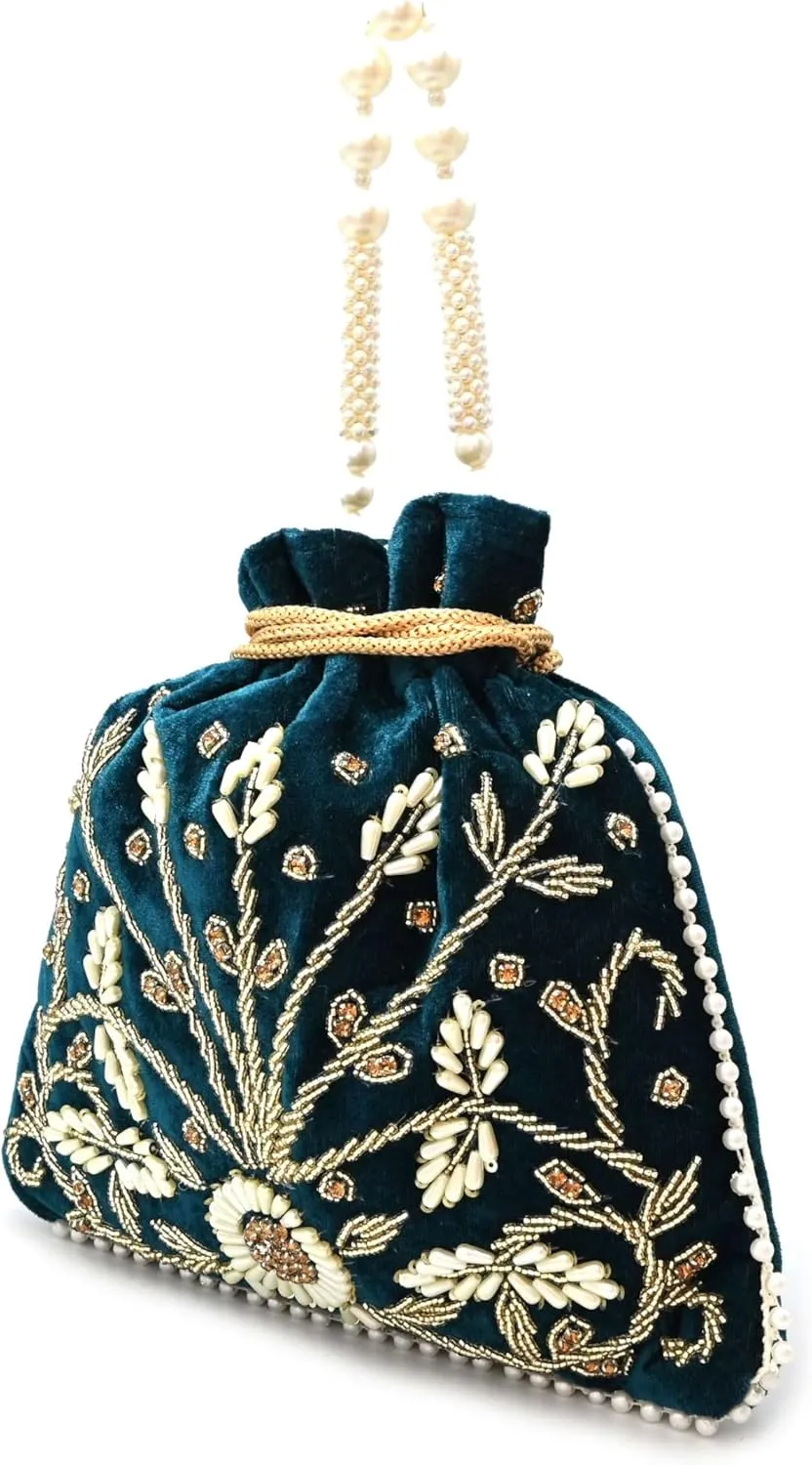 Teal Velvet Floral Embroidered Potli Bag | Pearl Handle Traditional Ethnic