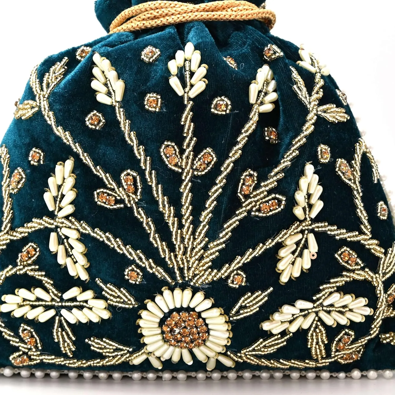 Teal Velvet Floral Embroidered Potli Bag | Pearl Handle Traditional Ethnic