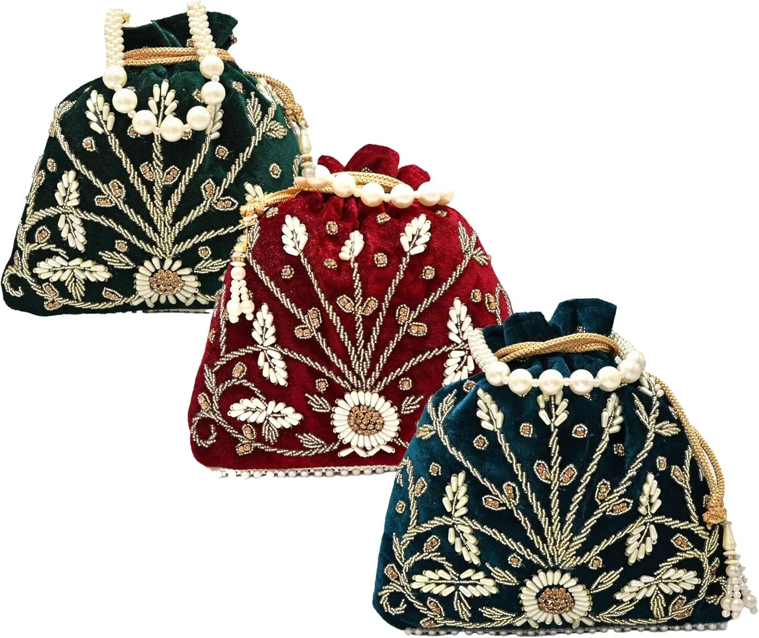 Teal Velvet Floral Embroidered Potli Bag | Pearl Handle Traditional Ethnic