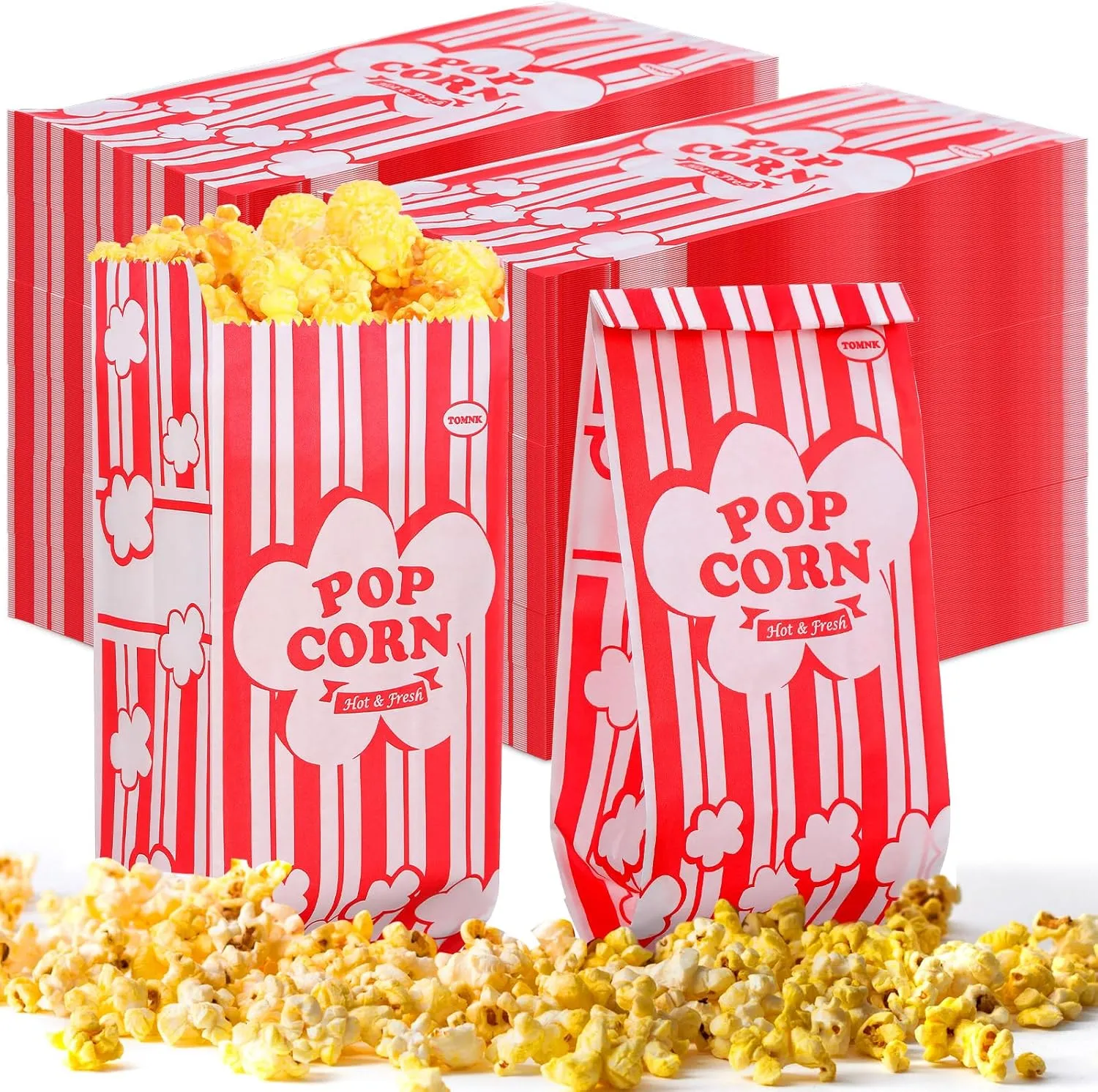 Teling 300 Pcs 1 oz Paper Popcorn Bags Individual Servings Retro Red/White Stripe Disposable Concession Bags Bulk for Popcorn Machine Movie Theater Carnival Party