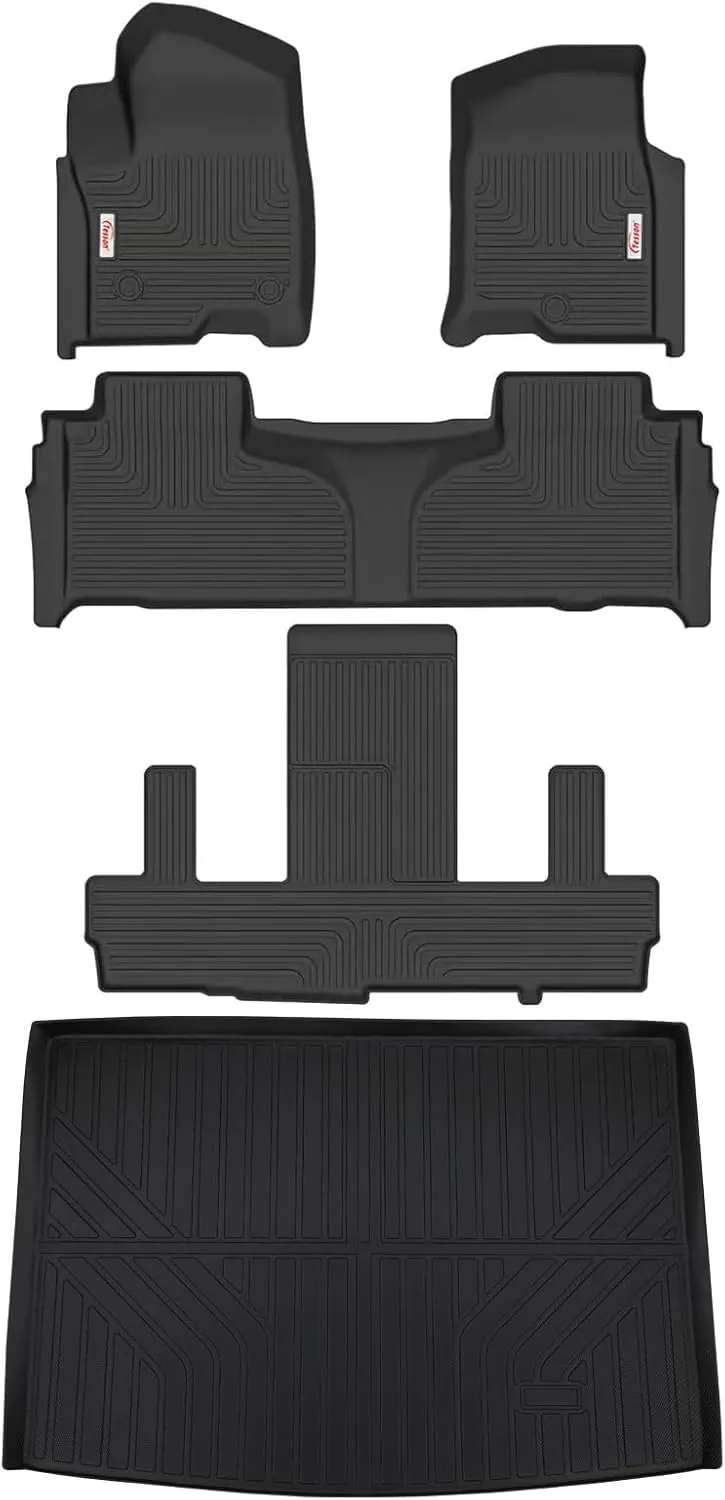 Tesson All Weather Floor Mats Accessories 3 Row Liner Set & Cargo Liner Custom Fit for 7 Seats 2021-2025 Chevy Chevrolet Suburban/GMC Yukon XL/Cadillac Escalade ESV with 2nd Row Bucket Seats